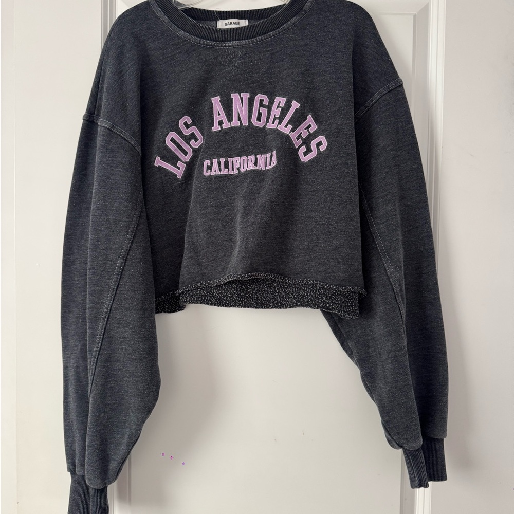 Garage Dark Gray Cropped Sweatshirt with Purple Accents
